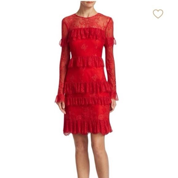 NWT ML Monique Lhuillier red Lace Ruffled long sleeve mini dress Size sz 2 - Picture 1 of 10